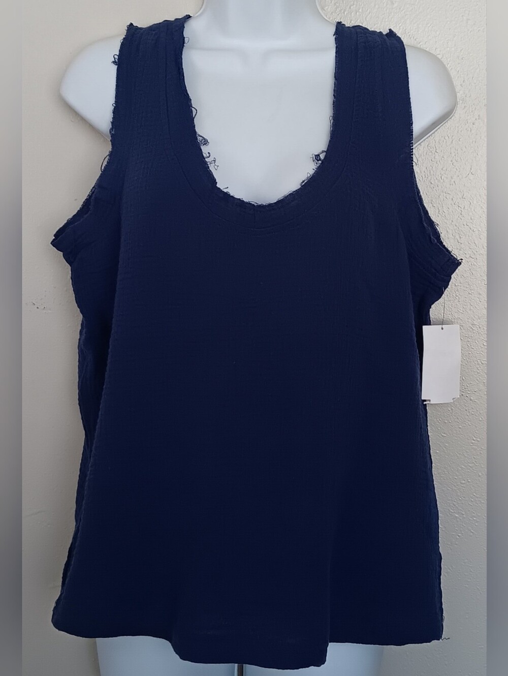 Three Dots Deep Blue Oversized Tank Top Scoop Neck Freyed Edges 100% Cotton M